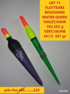 LOT 11 FLOTTEURS BOUCHONS WATER QUEEN VIOLET/NOIR 1X4 2X3 G VERT/JAUNE 4X1.5 4X1 Gr LOT 27